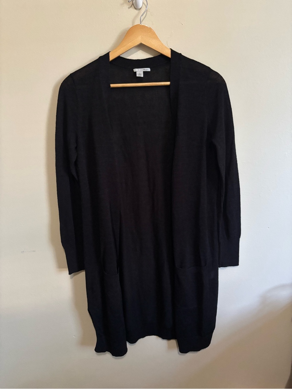 Halogen Black Open Front Long Cardigan Sweater XS Pockets Lightweight